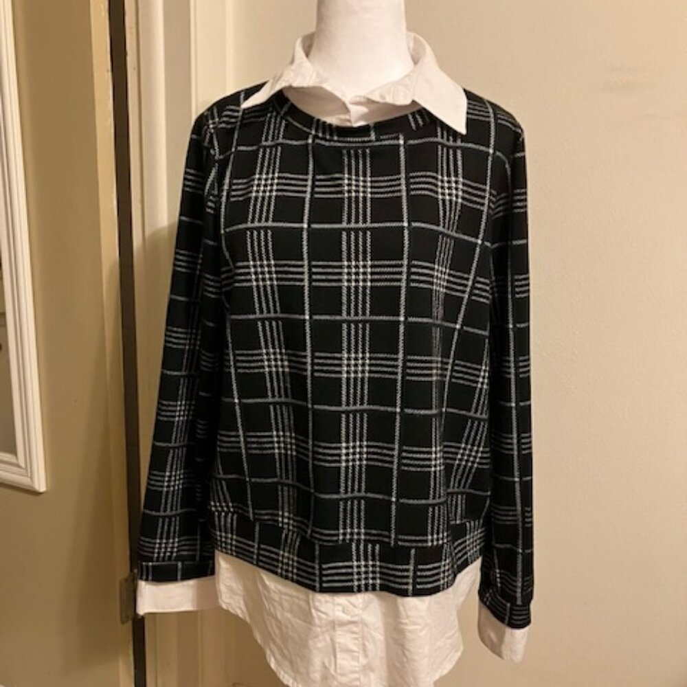 B/W Glencheck Plaid Shirt with White Shirt Attached